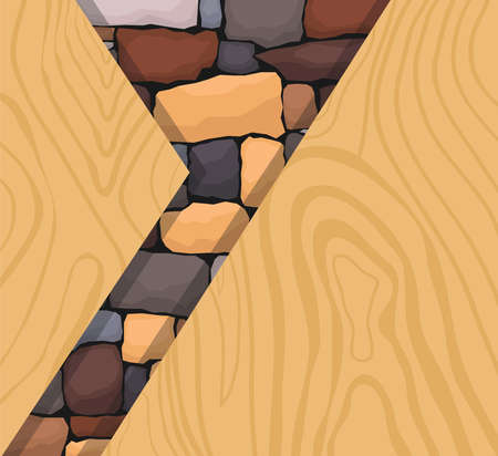 Background image of a stone cutout on a wooden background. Stone with wood. vector illustration. Vector.のイラスト素材
