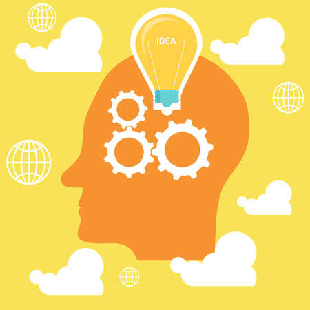 Creative idea, human head with a light bulb and gears. vector illustration. Vector.
