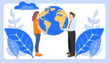 conservation and care for nature. earth protection concept. People are holding the planet Earth in their hands. vector illustration. Vector.のイラスト素材