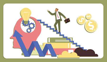 Professional development, trainings. Striving for new knowledge. A man in a business suit climbs up the stairs. learning new technologies. vector illustration. Vector.のイラスト素材