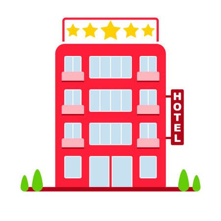 Hotel Icon Isolated On White Background. Red five star hotel icon in flat design. Cartoon illustration of the hotel. Vector.のイラスト素材