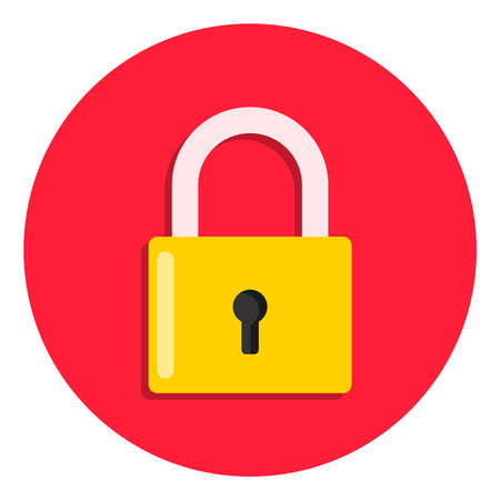 Padlock icon on a red background with a shadow behind. Padlock icon in yellow color in flat design. Cartoon illustration of a padlock for your design. Vector.のイラスト素材