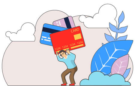 The man carries a load of credit cards. The man pulls several bank cards on him. vector illustration. Vector.のイラスト素材