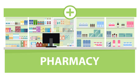 The interior of the pharmacy. The buyer with the goods stands near the pharmacist. vector illustration. Vector.のイラスト素材