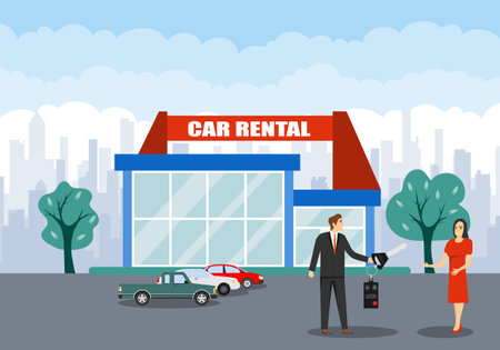 Car rental, car rental salon. A man hands a woman his car keys. Vector, cartoon illustration. Vector.のイラスト素材