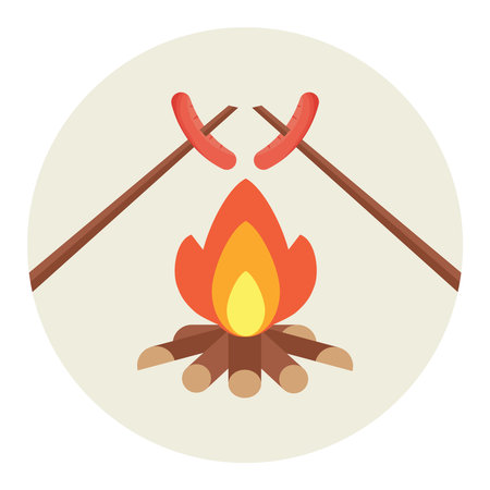 Bonfire, campfire icon with sausages on wooden sticks. Isolated fire. Vector, cartoon illustration.のイラスト素材