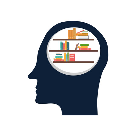 Human head in the form of a brain with books. Human knowledge concept. Vector, designer illustration. Vector.のイラスト素材