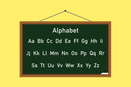 Alphabet on school board, school board with alphabet in white isolated on yellow background. School...