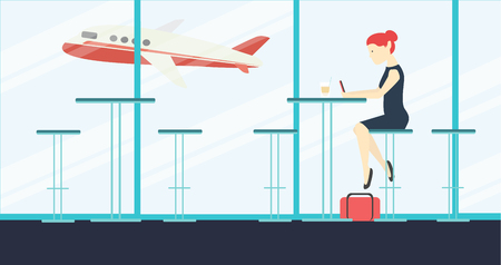 Woman Sitting and Waiting in Airportのイラスト素材