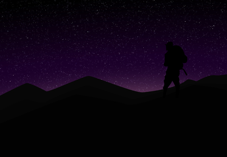 Silhouette of a mountaineer in front of violet starry sky.のイラスト素材