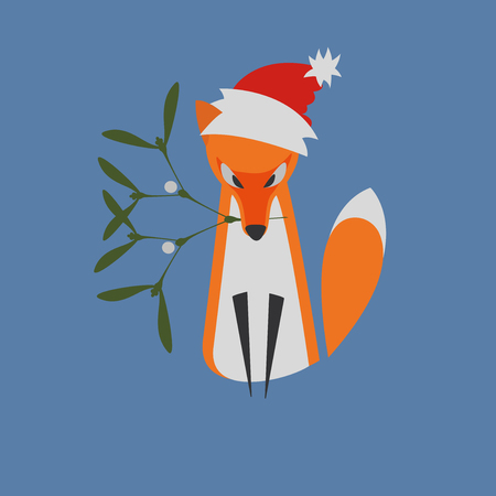Illustrated He Fox Sitting with Mistletoe Branch as a Symbol of Happiness in the Muzzle with Santa Hat on the Head. Designed for Christmas Card, Greetings Card, Nameplate, etc.のイラスト素材