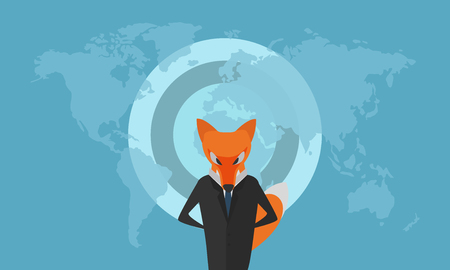 Stylized Fox Dressed as a Businessman in Dark Suit with Blue Tie Infront of the Map of the World. Light Blue Background. Designed for Corporate Graphics, Infographic, Organizations Projects, etc.のイラスト素材