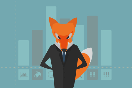 The Fox as manager in dark suit withcolumn graph with vector icon. Men, women, the Earth on the background. Usable for brochures, infographic, corporate graphic etc. flat design.のイラスト素材