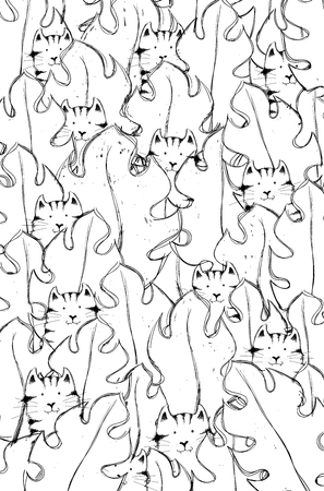 Cute Cats Hiding behind the Palm Leaves. Art Design for Coloring Book for Adult or Children, Anti Stress Coloring.の写真素材
