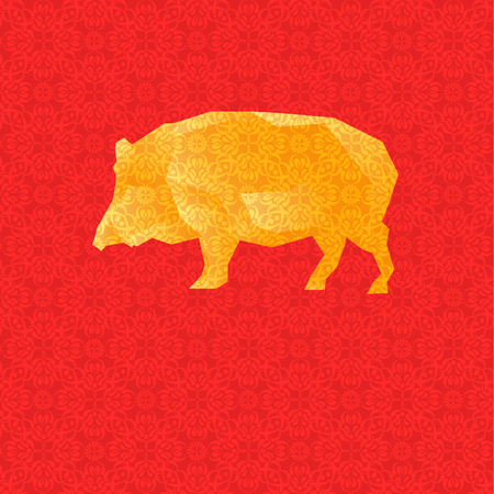 Vector Illustration. Golden Low Poly Pig on Red Background with Ornamental Texture. Designed for Greeting Cards to Chinese New Year etc.のイラスト素材