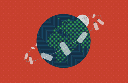 The Plastic Bottles and Moon in Earths Orbit. Vector Illustration in Retro Colors.