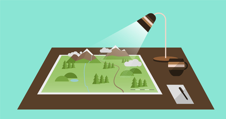 Vector Illustration. The Desk with a 3D Map, Lamp, Coffee Mug and Notes.のイラスト素材
