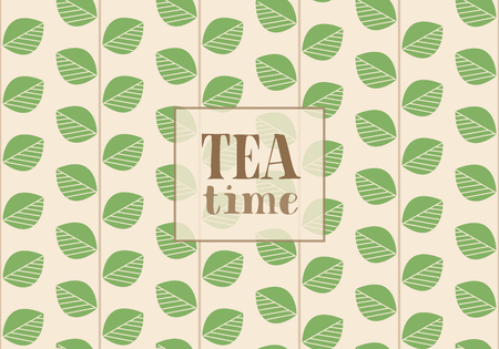 Floral Card Designed for Tea, Nature Lovers. Branches with Green Leaves. Vector Illustration. Text: Tea Time.のイラスト素材