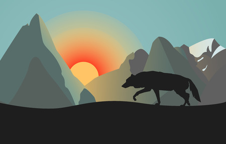 Vector Illustration. Silhouette of Wild Wolf. Sunset or Sundown in Mountains. The Return of Large Carnivores in the Wild Nature.のイラスト素材