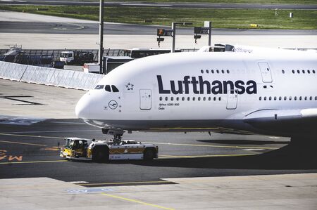 Frankfurt Airport, Germany, April 2019. The front of the huge Airbus A380 of Lufthansa.のeditorial素材
