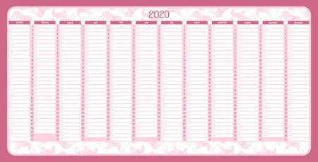 Yearly Wall Calendar Planner Template for Year 2020. Vector Illustration.のイラスト素材