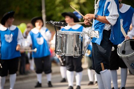 Germany, Baden Wurttemberg, Niederstetten. September 2019. Traditional autumnal Harvest Fest. Drummers of orchestra from city of Bad Mergentheim in historical clothing.のeditorial素材