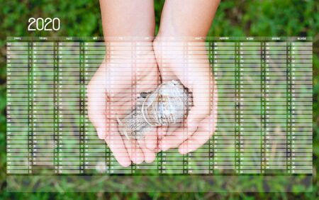 Yearly Wall Calendar Planner Template for Year 2020. Small childrens hands with big cute snail.