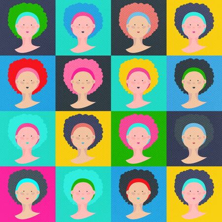 Seamless illustration with texture. Young woman head in different color variations.の写真素材