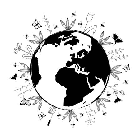 Vector illustration. Black and white planet Earth with flowers, butterflies and bees around.のイラスト素材