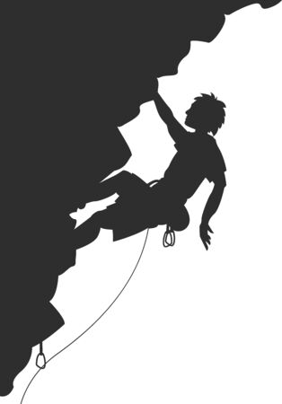 Silhouette of young man hanging in overhang in rock wall. No real person.のイラスト素材