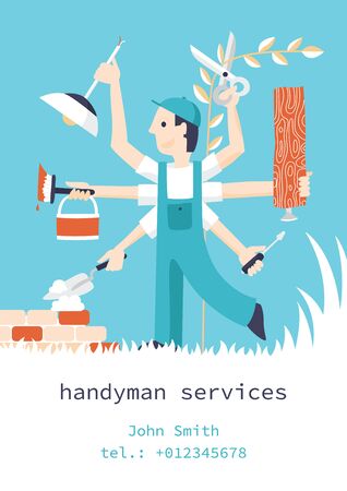 Vector flyer in flat design style. For handyman business. Man with many hands as symbol of diversity of services.のイラスト素材