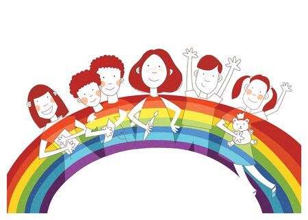 Happy Children with Colorfull Rainbow on Background. Designed for farewell, welcome or thank you cards for teachers, new classmates and more.の写真素材