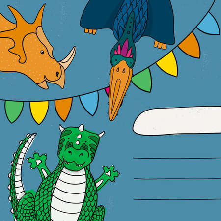 Happy birthday card or invitation with dinosaurs. Funny Pterodactyl, Tyrannosaurus and Triceratops.の写真素材