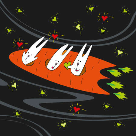 rabbits fly on a space merchant ships made of carrotsのイラスト素材