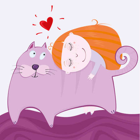 small drawing girlie with kittenのイラスト素材