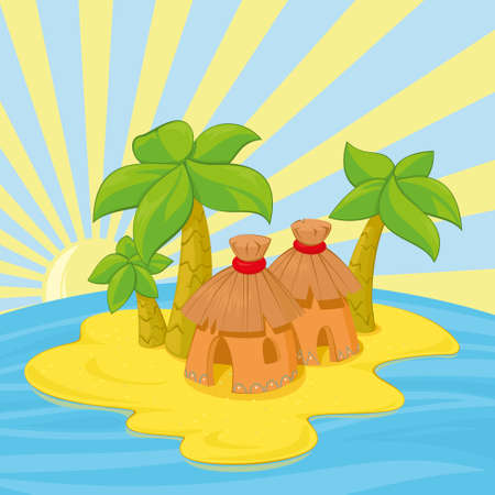 This is a  image of a summer sun over a small island with  palm trees.のイラスト素材