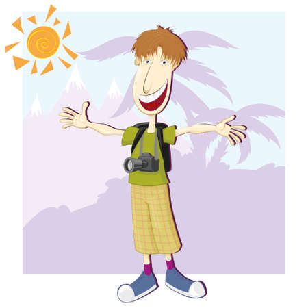 Photographer tourist  stand on a background of palm trees and  mountainsのイラスト素材