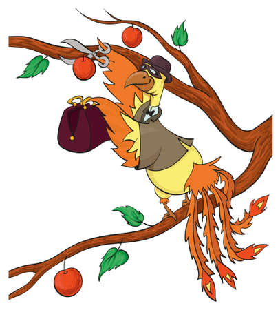 funny bird stealing applesのイラスト素材