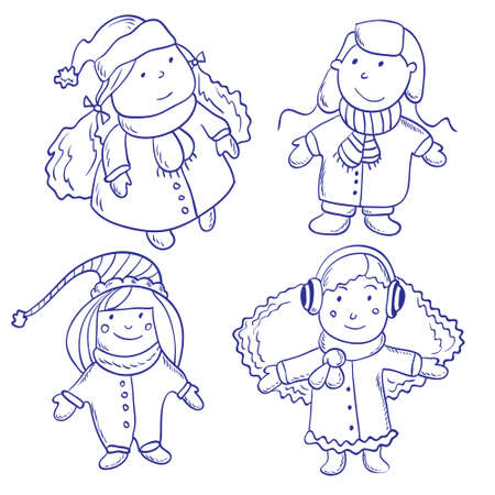 set of four children  in winter clothesのイラスト素材