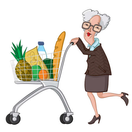 old woman pushing a cart of groceriesのイラスト素材