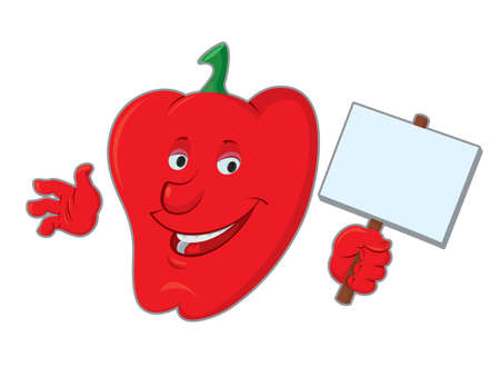 smiling bell pepper cartoon  character holding up a blank signのイラスト素材