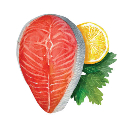 salmon red fish steak with herbs and lemon. watercolor vector illustrationのイラスト素材