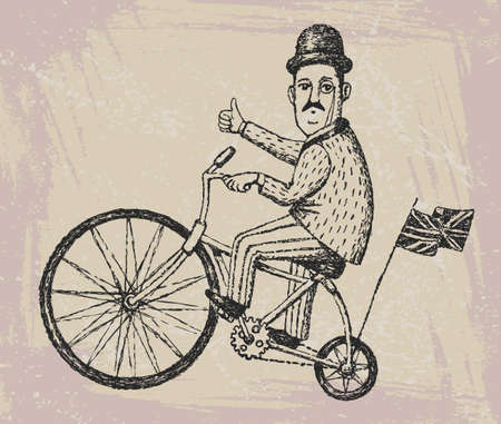Vector illustration of hand drawn gentleman ride a vintage bicycleのイラスト素材