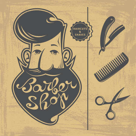 Set of Barber Shop design elements with bearded man, comb, razor and scissorのイラスト素材