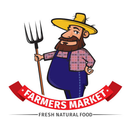 vector label or logo  with friendly farmer and his pitchforkのイラスト素材