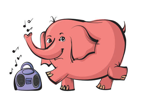 Happy pink elephant jumping and dancing on music