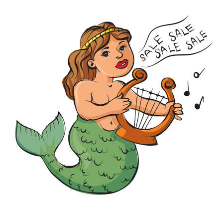 Cartoon illustration of a mermaid playing a harp and sings about the saleのイラスト素材