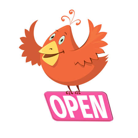 Cute bird cartoon character holding a sign with word openのイラスト素材