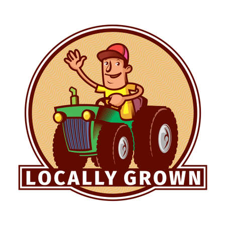 Vector farm emblem. Farm sign with a cheerful tractor driverのイラスト素材