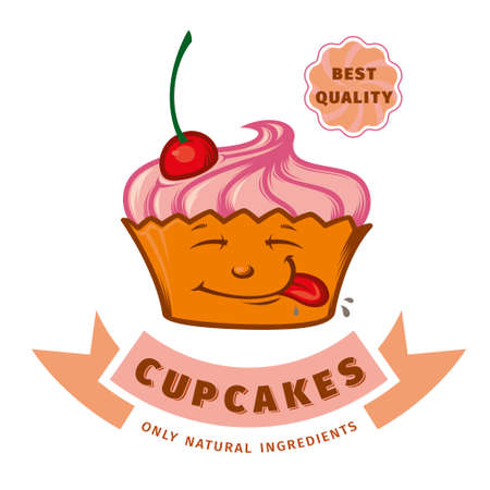 Cheerful sweet cupcake with cherry, vector emblem, stickerのイラスト素材